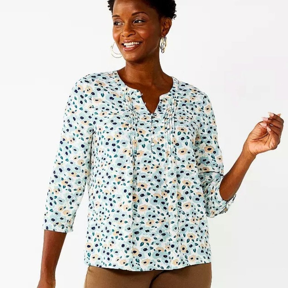 NEW Petite Croft & Barrow® Splitneck Pintuck Blouse PXL